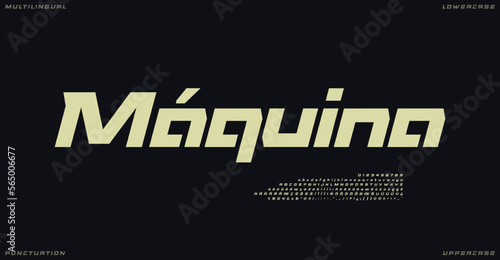 Geometric automotive multilingual professional typeface, sport sans serif letters, dynamic font for speed race logo, daring headline, racing car typography. Vector typographic design