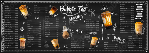 Bubble milk tea, Pearl milk tea , Different sorts of Boba. Yummy drinks. Ads with delicious tapioca. Restaurant cafe menu, template design.