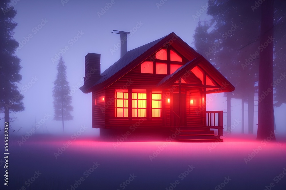 a cabin surrounded by fog. red lights shining out of windows - generative ai a cabin surrounded by fog. red lights shining out of windows - generative ai