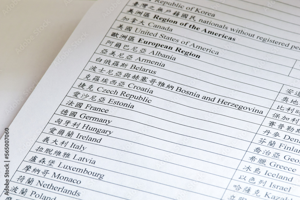 Obraz premium Close up of a document paper showing Chinese and English name of the selected countries. Selective focus, translation. 