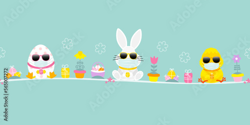 Osterei, Weißer Osterhase & Küken Maske Sonnenbrille Icons Banner Türkis
