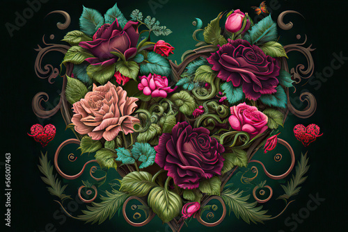 Beautiful heart with colorful roses and green leaves on a dark green background, love, valentine, illustration, Generative AI © Eva