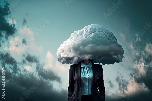 businesswoman standing outside witha  big cloud over her head, ai generated photo