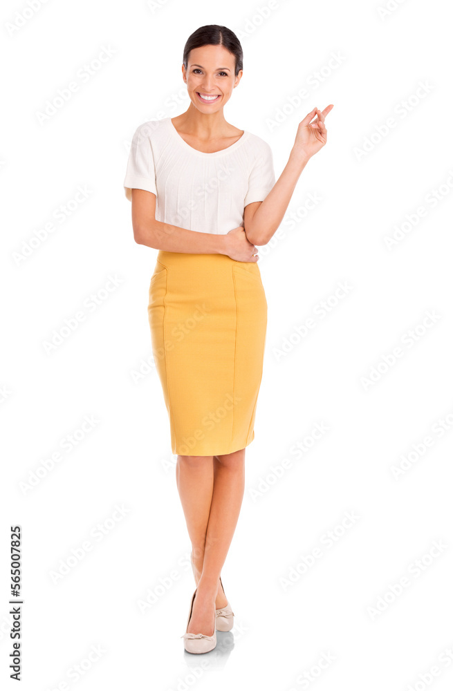 A casually dressed beautiful young woman pointing towards the copyspace isolated on a PNG background. A casually dressed beautiful young woman pointing towards the copyspace isolated on a PNG background.