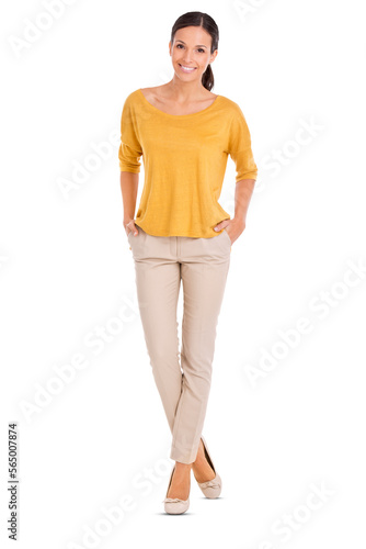 Fotografie A full length shot of a casually dressed young woman standing with her hands in her pocket isolated on a PNG background
