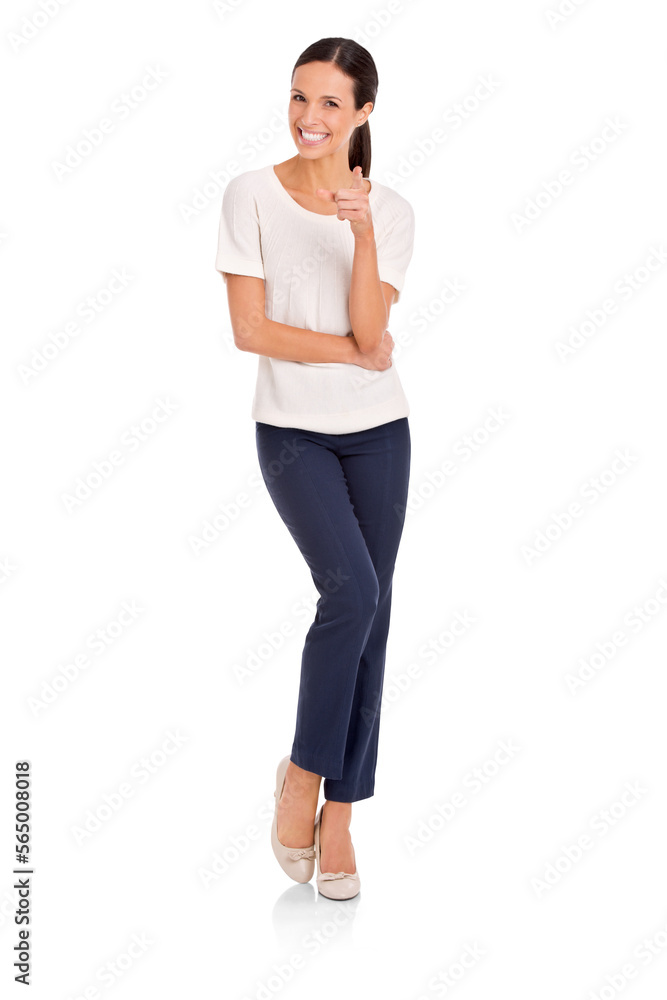 An attractive young woman smiling and pointing her finger at the camera isolated on a PNG background. An attractive young woman smiling and pointing her finger at the camera isolated on a PNG background.