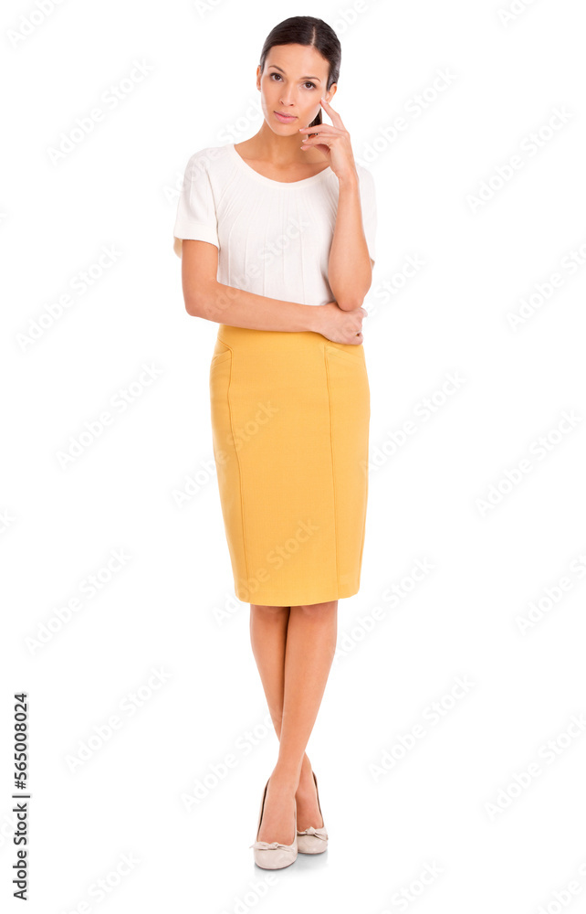 A casually dressed young woman posing with her one arm crossed isolated on a PNG background. A casually dressed young woman posing with her one arm crossed isolated on a PNG background.