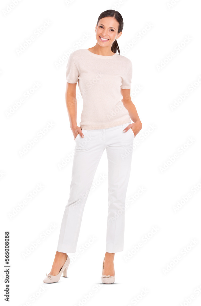 An attractive young woman smiling and standing with her hands in her pockets isolated on a PNG background. An attractive young woman smiling and standing with her hands in her pockets isolated on a PNG background.