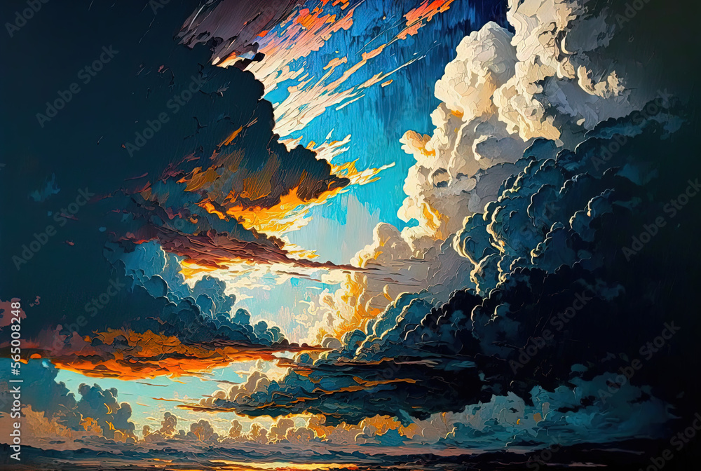 Amazing sky, knife oil painting on linen canvas. Generative AI.