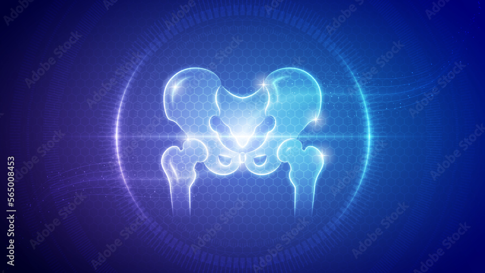 Human Hip Bone and Joint Articular Skeletal System Futuristic Medical Hologram Neon Glow Translucent Backdrop Background Illustration Human Hip Bone and Joint Articular Skeletal System Futuristic Medical Hologram Neon Glow Translucent Backdrop Background Illustration