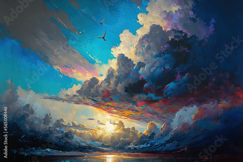 Amazing sky, knife oil painting on linen canvas. Generative AI.