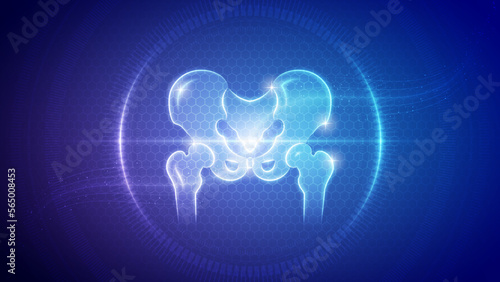 Human Hip Bone and Joint Articular Skeletal System Futuristic Medical Hologram Neon Glow Translucent Backdrop Background Illustration