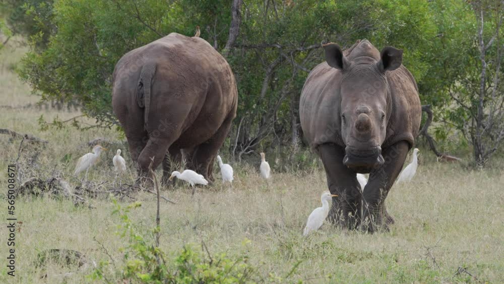 A de-horned white rhino is facing the camera. Two more rhinos are grazing, with egrets walking around in the grass. A de-horned white rhino is facing the camera. Two more rhinos are grazing, with egrets walking around in the grass.