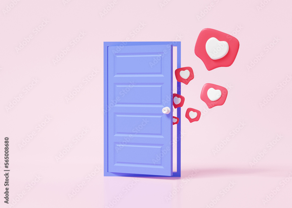 3D open door float heart on pink background. Shopping online valentine day concept. advertise, discount, promotion, sale, banner, website, minimal cartoon style. 3d rendering illustration. 3D open door float heart on pink background. Shopping online valentine day concept. advertise, discount, promotion, sale, banner, website, minimal cartoon style. 3d rendering illustration.