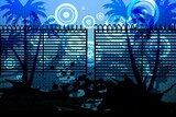 Barbed wire over silhouette of palm trees against blue background