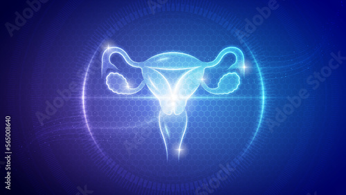 Human Uterus and Ovaries Female Reproductive System Futuristic Medical Hologram Neon Glow Translucent Backdrop Background Illustration
