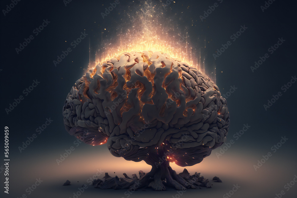 Striking concept art of a brain exploding with knowledge and creativity ...