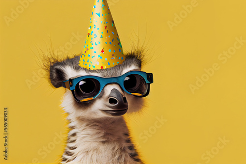 meerkat in party hat and sunglasses over yellow background. Generative Ai