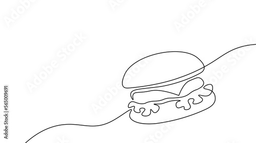 One line continuous cheeseburger symbol concept. Silhouette of fast food restaurant burger with cheese salad buns. Digital white single line sketch drawing vector illustration