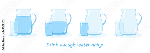 Water balance concept. Set of 4 pictures. A jug and a glass of water. The concept of drinking enough water throughout the day. Vector illustration in a flat style.