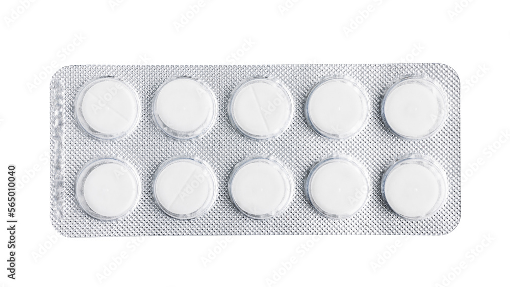 Pills, tablets in a blister pack isolated on transparent background, top view, healthcare and medicine concept - obrazy, fototapety, plakaty 