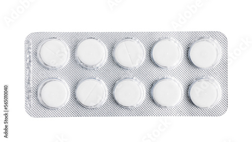 Pills, tablets in a blister pack isolated on transparent background, top view, healthcare and medicine concept