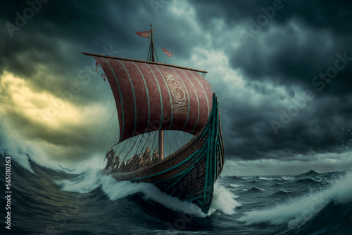 Papier peint Viking sailboat on stormy sea or ocean with big waves and storm sky and clouds
