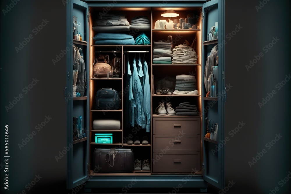 a closet with a lot of clothes and a lamp on it's side and a door open to the closet with a lot of clothes. generative ai a closet with a lot of clothes and a lamp on it's side and a door open to the closet with a lot of clothes. generative ai