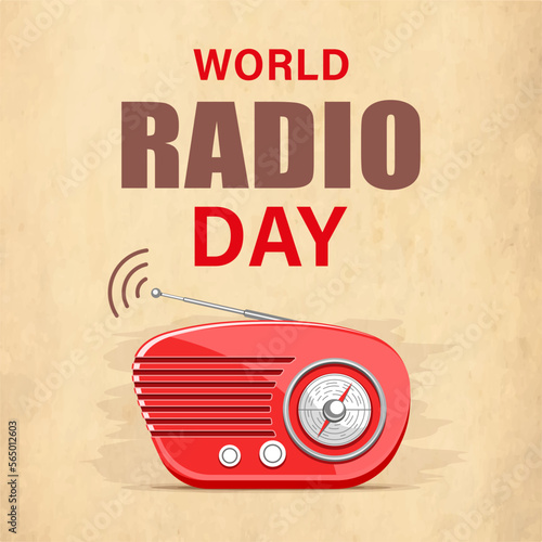 Greeting card for the holiday world radio day with a red radio antenna in retro style on a beige background
