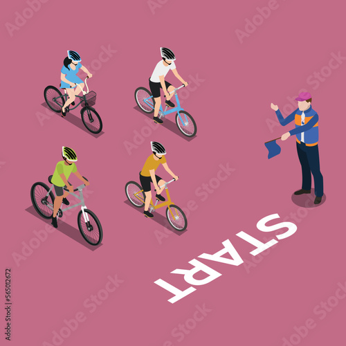 Young people ready to bicycle race 3d isometric vector illustration concept for banner  website  landing page  ads  flyer template