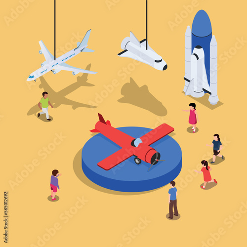 Children looking at historical airplane in the museum 3d isometric vector illustration concept for banner, website, landing page, ads, flyer template