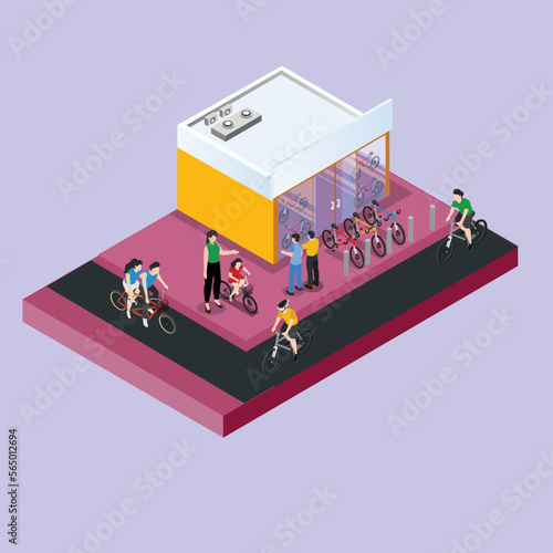 People at bike shop 3d isometric vector illustration concept for banner, website, landing page, ads, flyer template
