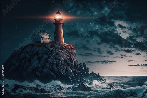  a lighthouse on a rock in the ocean at night with a full moon in the sky above it and a lighthouse on top of it. generative ai