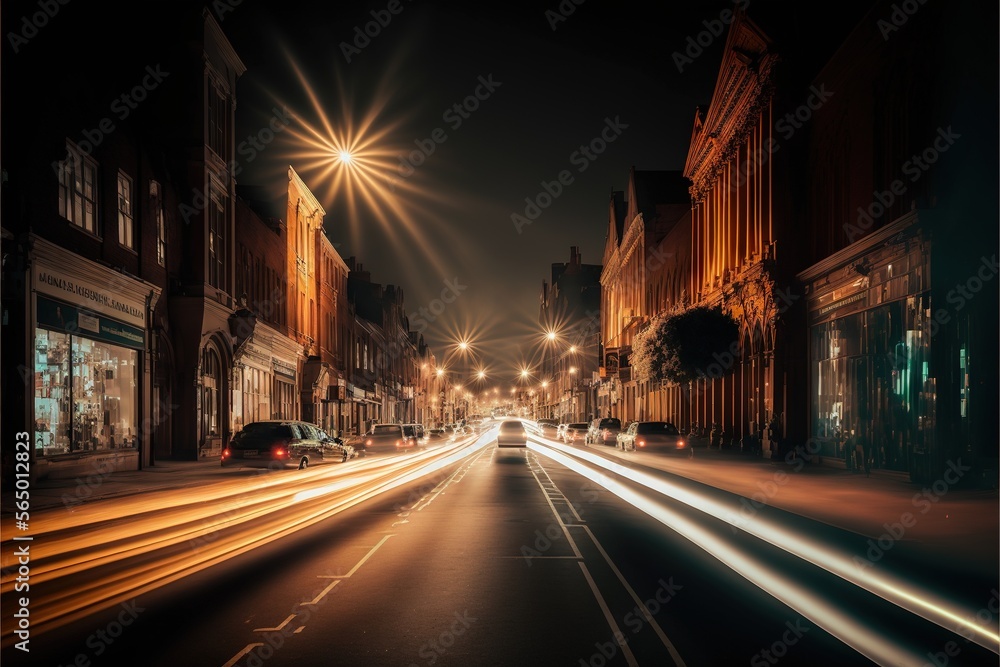  a city street at night with a car driving down it's side walk and a street light shining on the street and buildings on the side.  generative ai