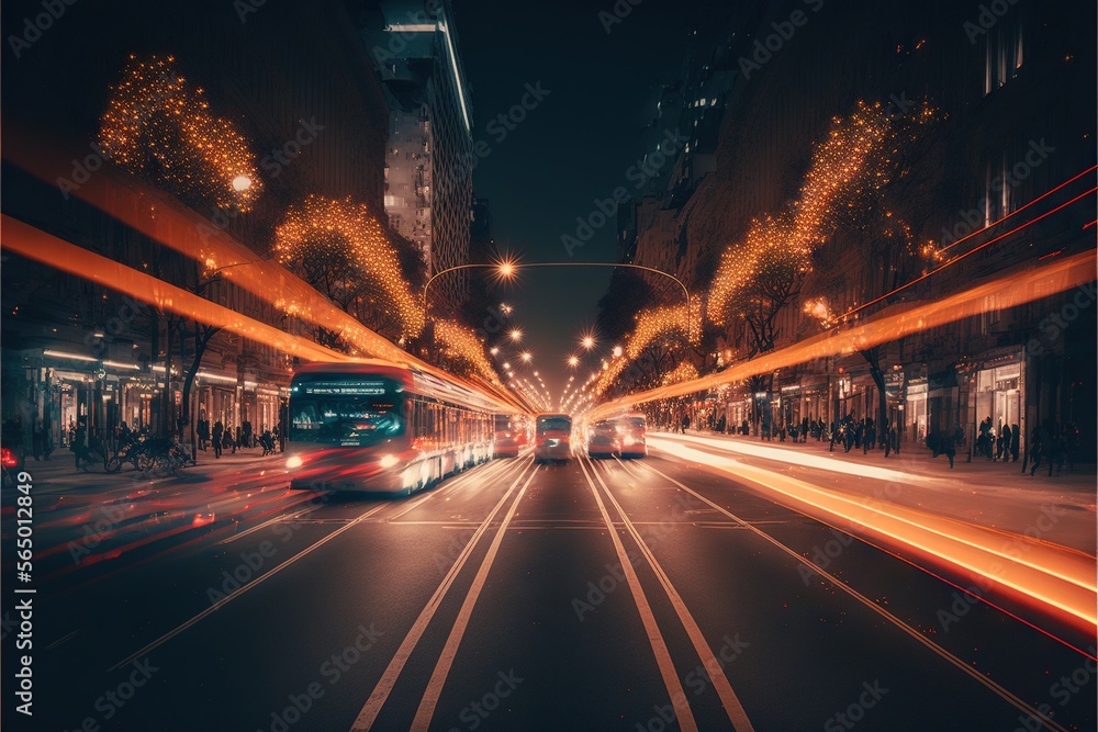  a city street with a bus and cars on it at night time with lights on the buildings and street lights on the street and buildings.  generative ai