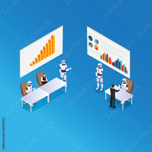 Human artificial intelligence interaction with men and women meeting robots 3d isometric vector illustration concept for banner, website, landing page, ads, flyer template
