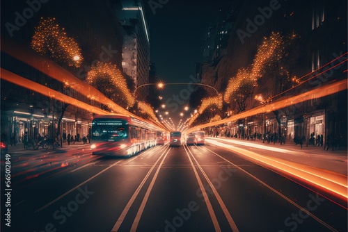  a city street with a bus and cars on it at night time with lights on the buildings and street lights on the street and buildings. generative ai