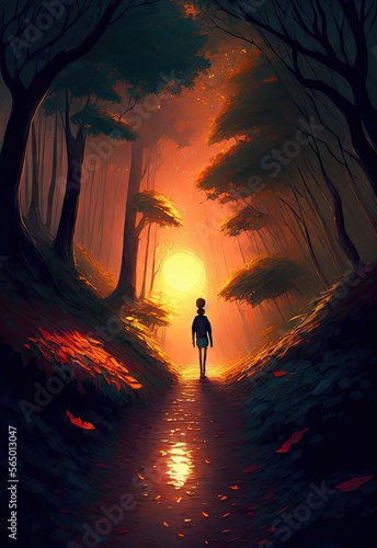 Silhouette of a person in the forest. AI generated art illustration.