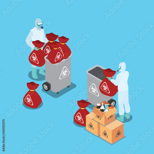 Workers in uniform throwing away biohazard garbage bags 3d isometric vector illustration concept for banner, website, landing page, ads, flyer template