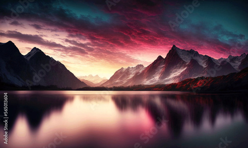 Beautiful mountain and lake with colorful sky. Generative ai.