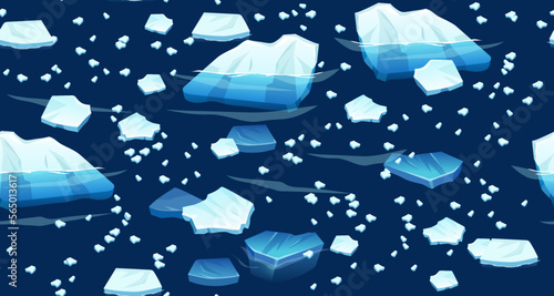 Atlantic, antarctic floes, glaciers and icebergs floating on surface. Isolated masses of cracked ice. Global warming, climate change. Frozen blue water. View from above.