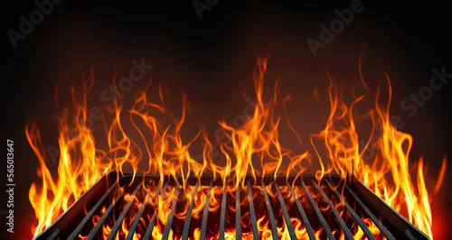 Barbecue grill with fire flames background. Generative ai.