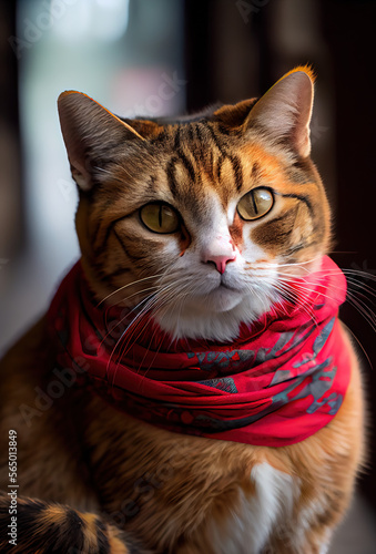 Cute cat wearing Red scarf. Generative AI.