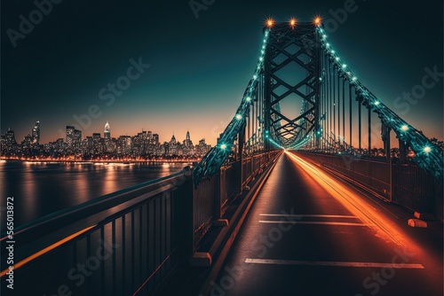  a long bridge with lights on it over a river at night with a city in the background at night time, with a long exposure of the bridge is lit up. generative ai