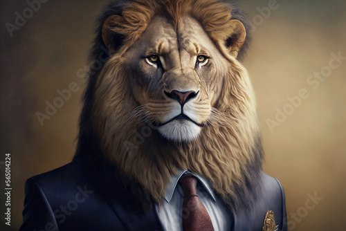 Realistic lion dressed in a business suit. Generative ai.