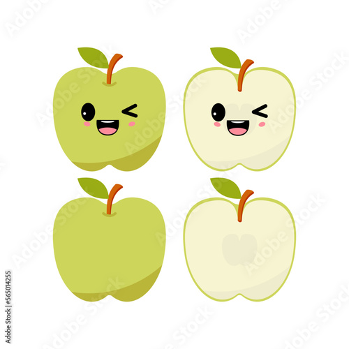 Frisky green apple with kawaii emoji. Flat design vector illustration of green apple on white background	