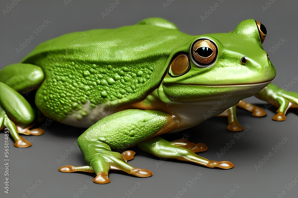 Obraz premium green frog on a leaf. Generate AI.