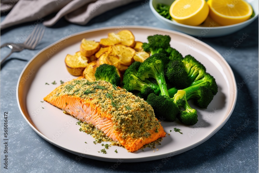 a plate of food with broccoli and a piece of salmon on it with a side of potatoes and broccoli on the side. generative ai a plate of food with broccoli and a piece of salmon on it with a side of potatoes and broccoli on the side. generative ai