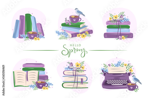 Big set of reading elements for  bookshop, library, bookstore or education. Books, cup coffee with spring flowers. Vector illustration on white background