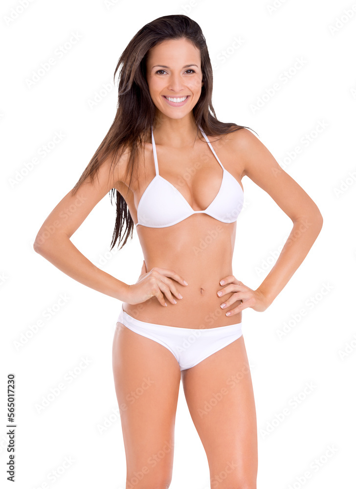 A beautiful brunette model in a bikini posing with her hand on her hips isolated on a PNG background. A beautiful brunette model in a bikini posing with her hand on her hips isolated on a PNG background.